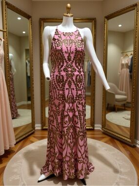 Anny Lee Dollhouse Pink Maxi Dress with Gold Sequin Motif